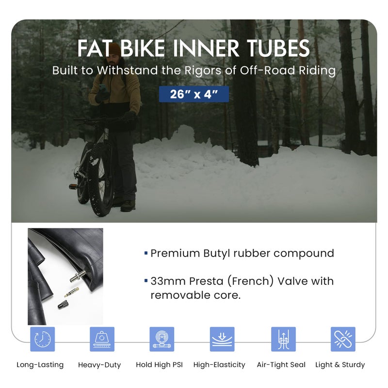 VeloTubes 26 x 4.0 Removable Core 33mm Presta (French) Valve, Durable Butyl Rubber Fat Bike Inner Tube, Bicycle Inner Tube for Bike Tire (Pack of 2) - Image 2